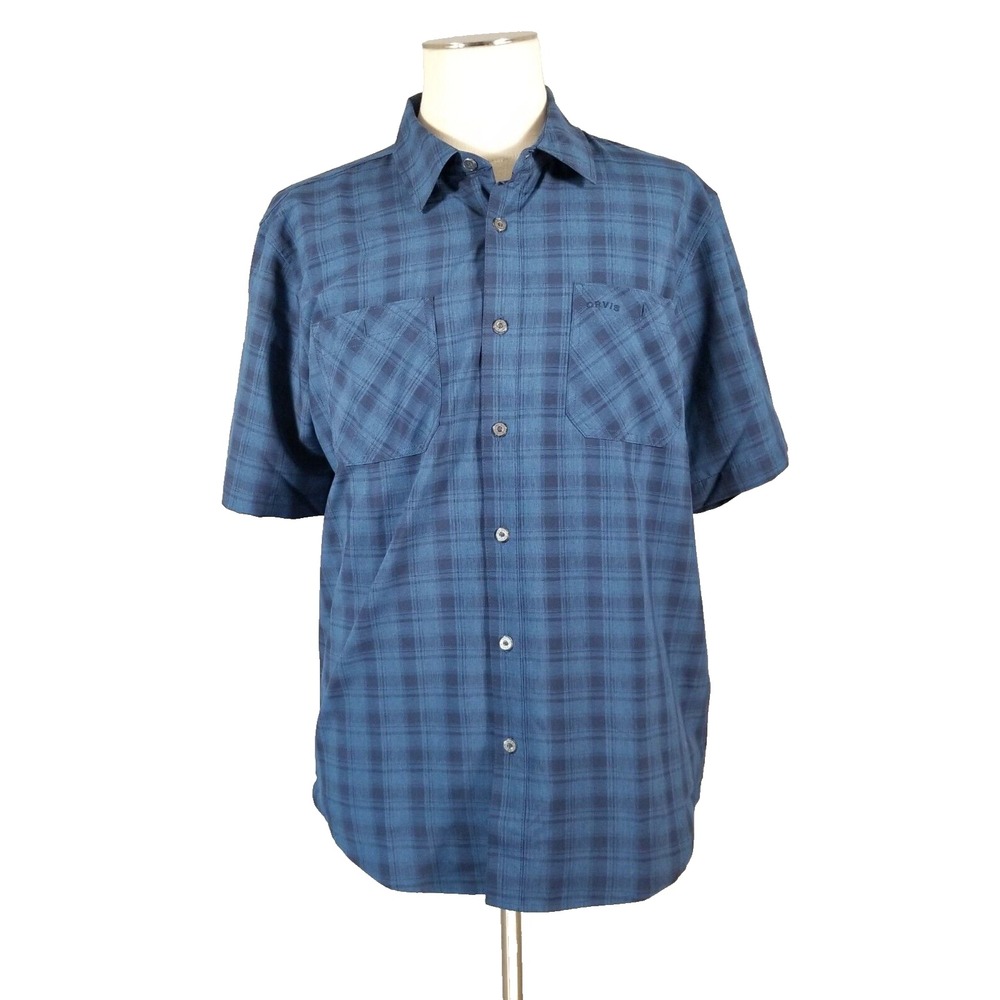 Orvis Button Up Men Large Blue Outdoor Fishing Plaid Short Sleeve Breathable